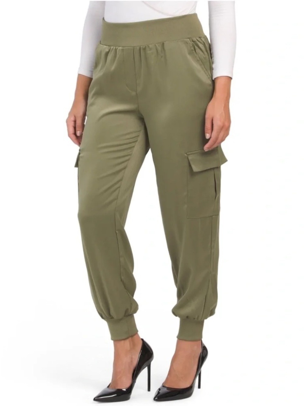 Rachel Zoe Satin Joggers Cargo Pants Green Elastic Waist High Rise Size Small